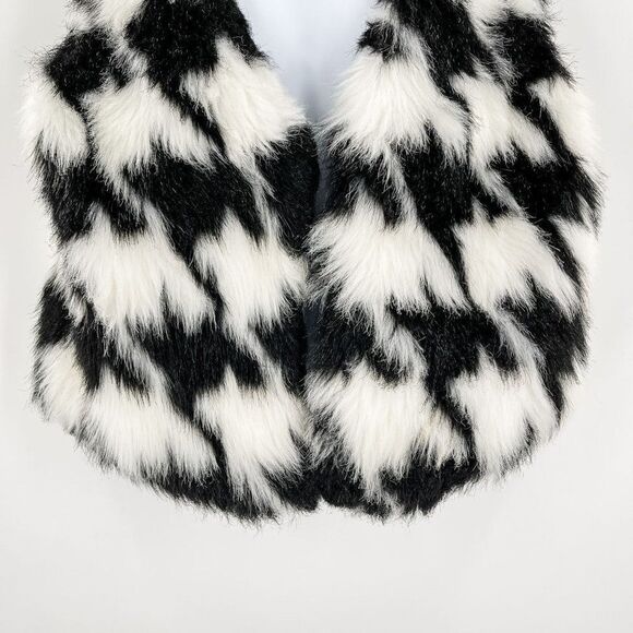 Michael Kors Houndstooth Black White Open Front Faux Fur Vest Large - Picture 5 of 8